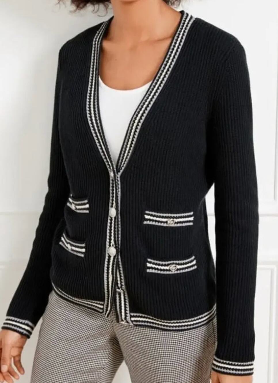 Talbots Varsity Style Knit Cardigan Sweater SMALL Black Striped Trim NEW